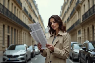 Femme consultant une liste de villes en zone tendue devant un immeuble haussmannien parisien