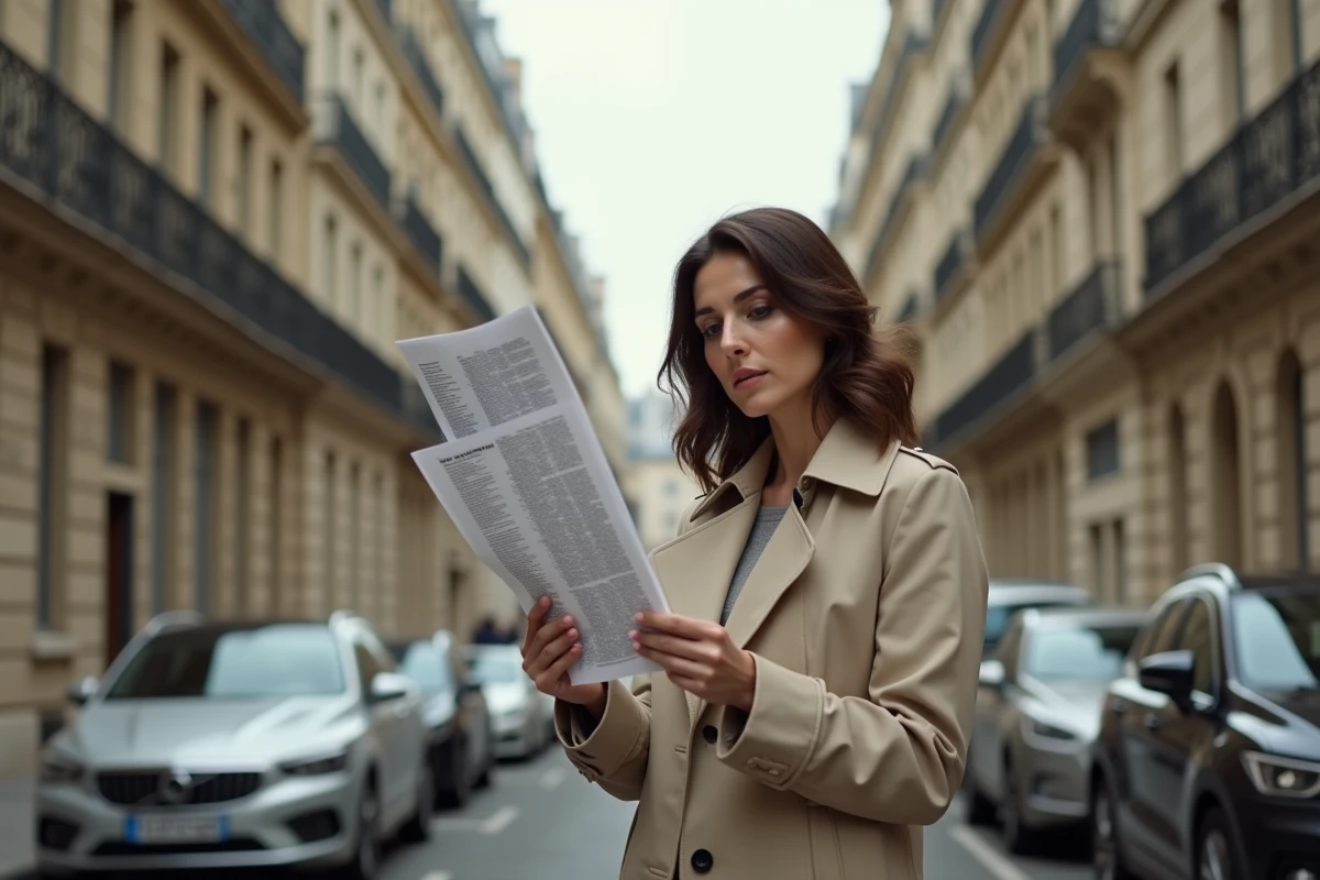 Femme consultant une liste de villes en zone tendue devant un immeuble haussmannien parisien