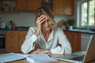 Femme d'âge moyen en tenue professionnelle consulte des documents de prêt immobilier