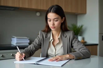 Femme organisée examinant des documents de logement à la maison