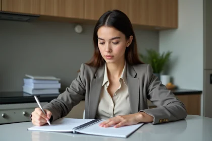 Femme organisée examinant des documents de logement à la maison