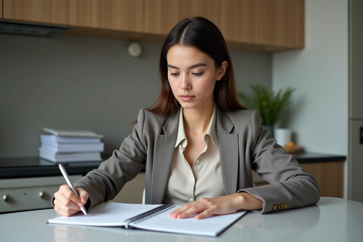 Femme organisée examinant des documents de logement à la maison