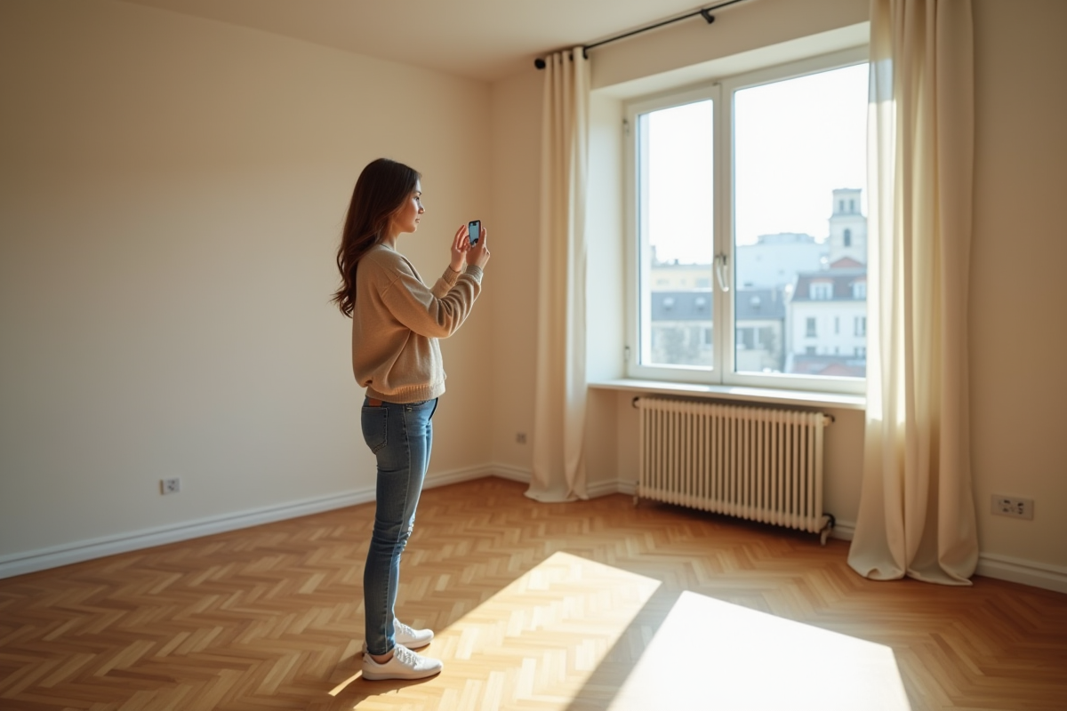 Jeune femme prend en photo un intérieur lumineux et vide d