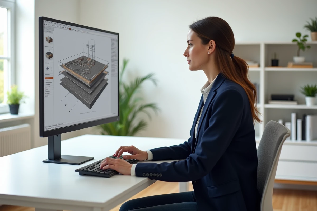 Femme utilisant un outil en ligne gratuit pour créer un plan en coupe de terrain sur son ordinateur