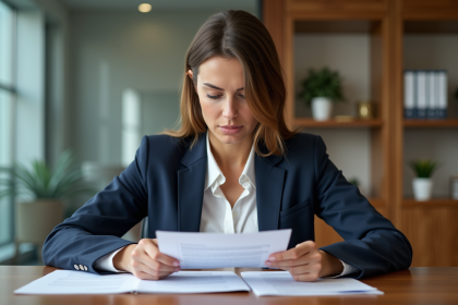 Femme en blazer bleu examine des documents de prêt immobilier