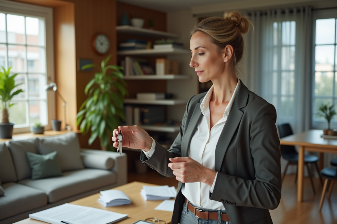 Femme d'âge moyen tenant des clés de maison dans un salon lumineux