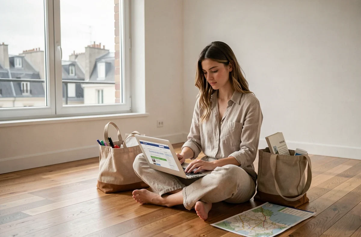 Jeune femme consultant des prestataires de déménagement sur son ordinateur dans un appartement vide avec vue sur une ville française