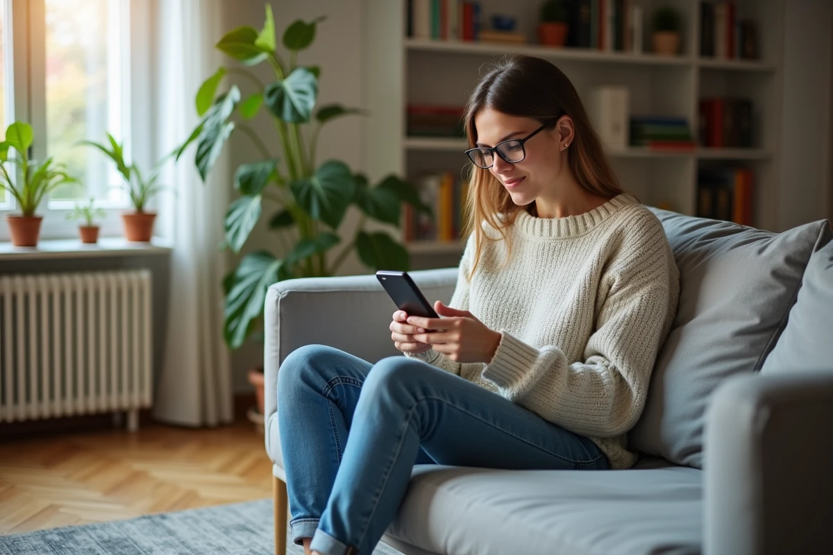 Jeune femme cherchant immobilier sur smartphone dans son salon
