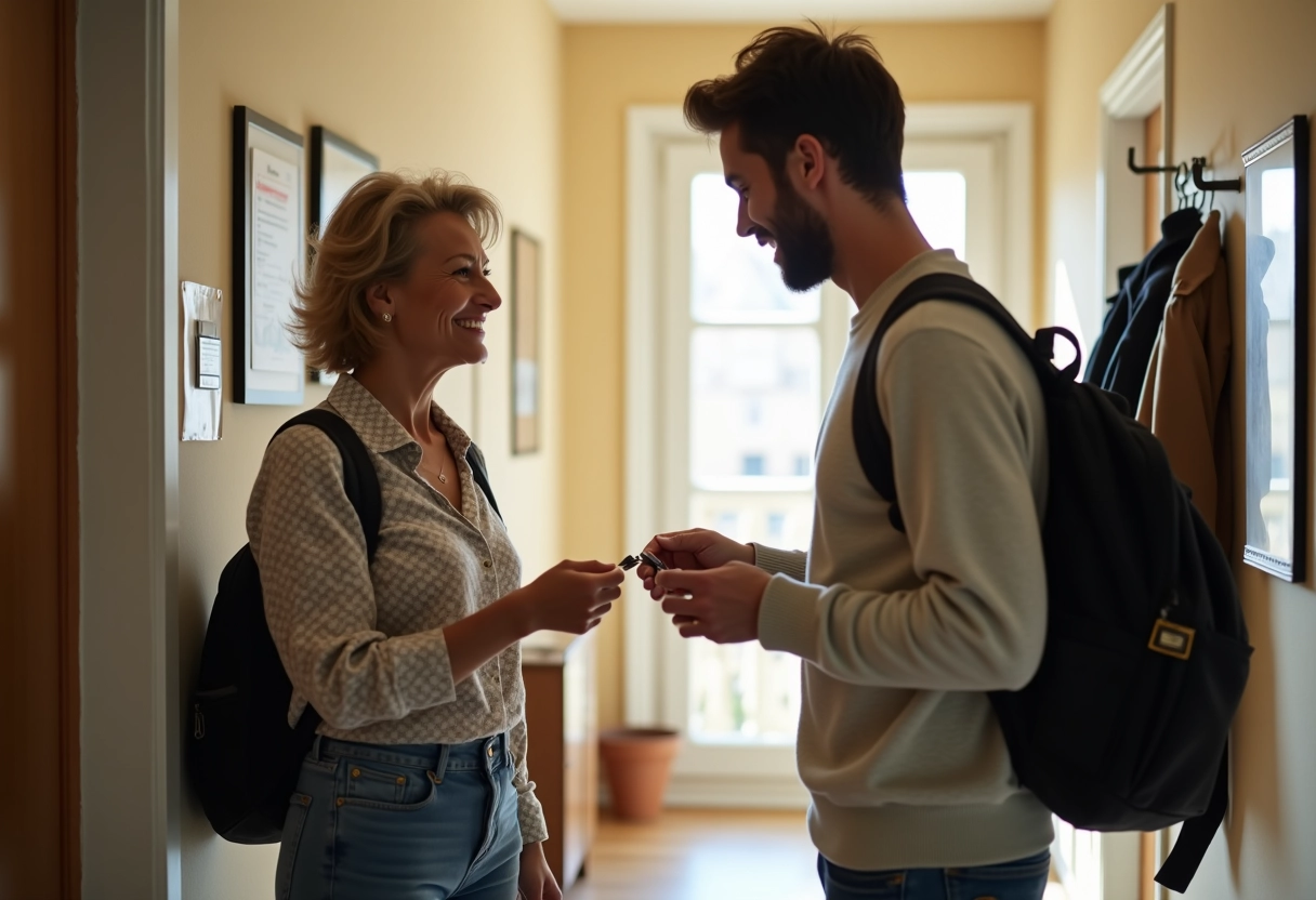 Femme remettant des clés à un jeune homme dans l