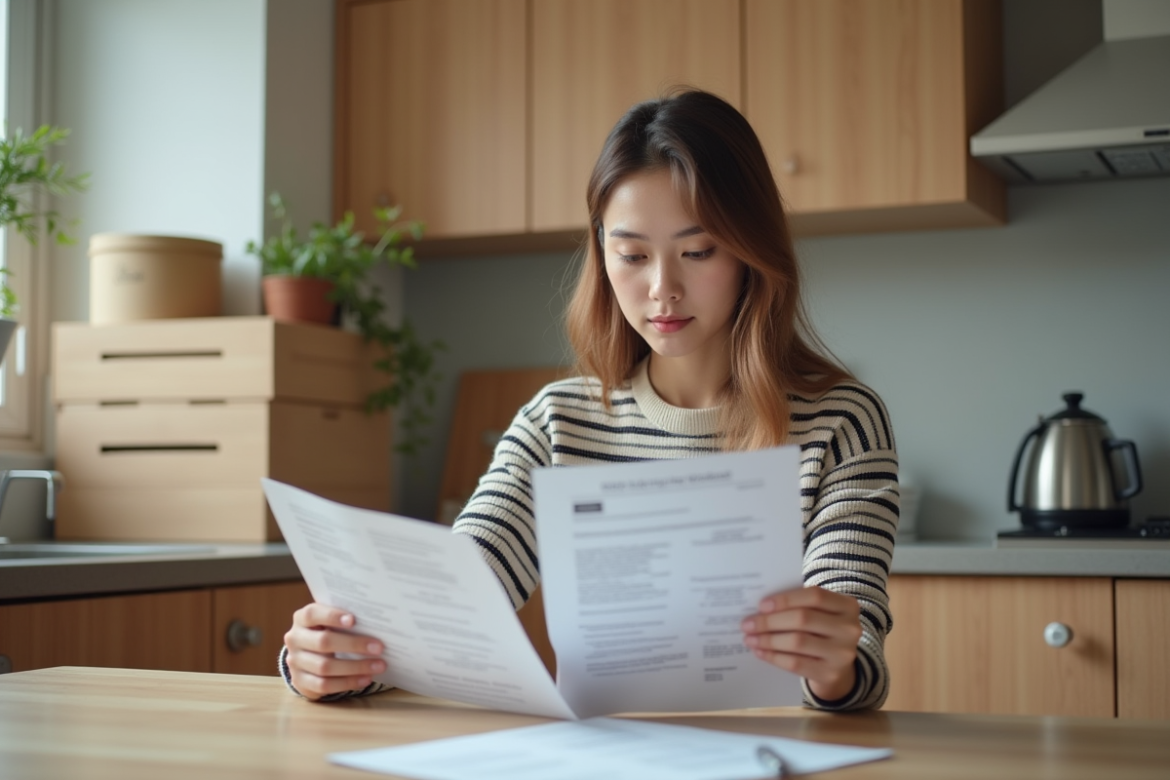 Jeune femme relisant des papiers dans sa cuisine moderne