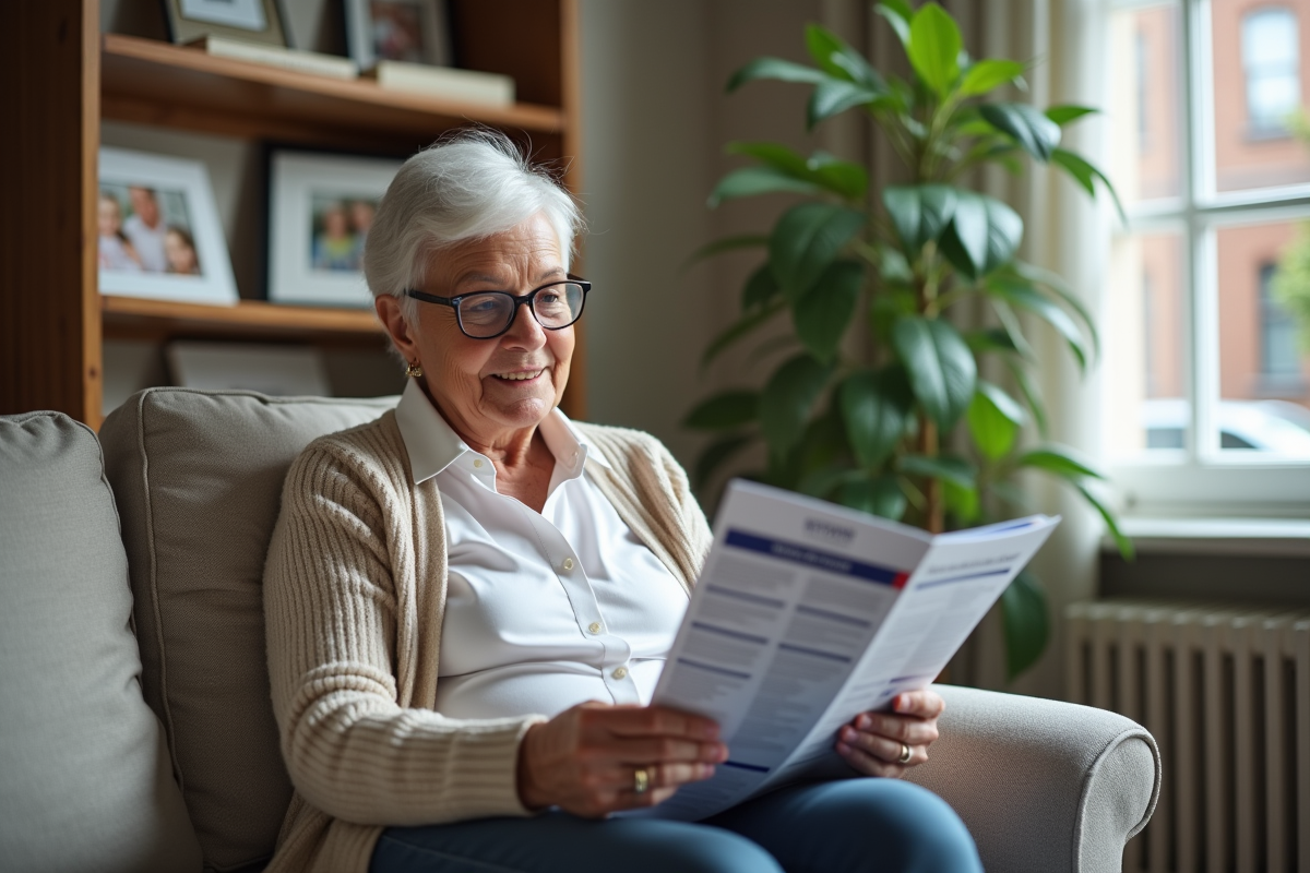 Femme âgée examinant des brochures d