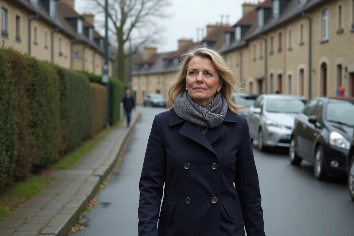 Femme en trench et foulard dans une rue résidentielle de Conflans