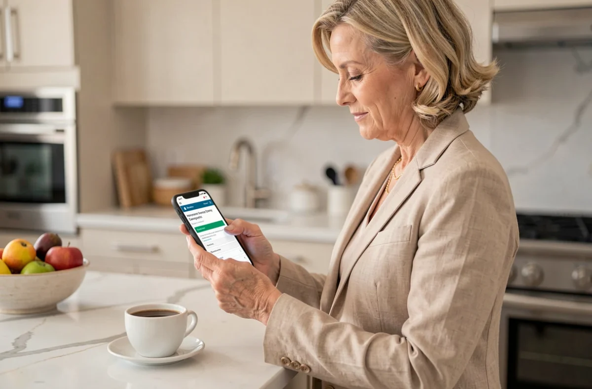 Femme utilisant son smartphone pour comparer et obtenir un devis assurance habitation AMF dans sa cuisine