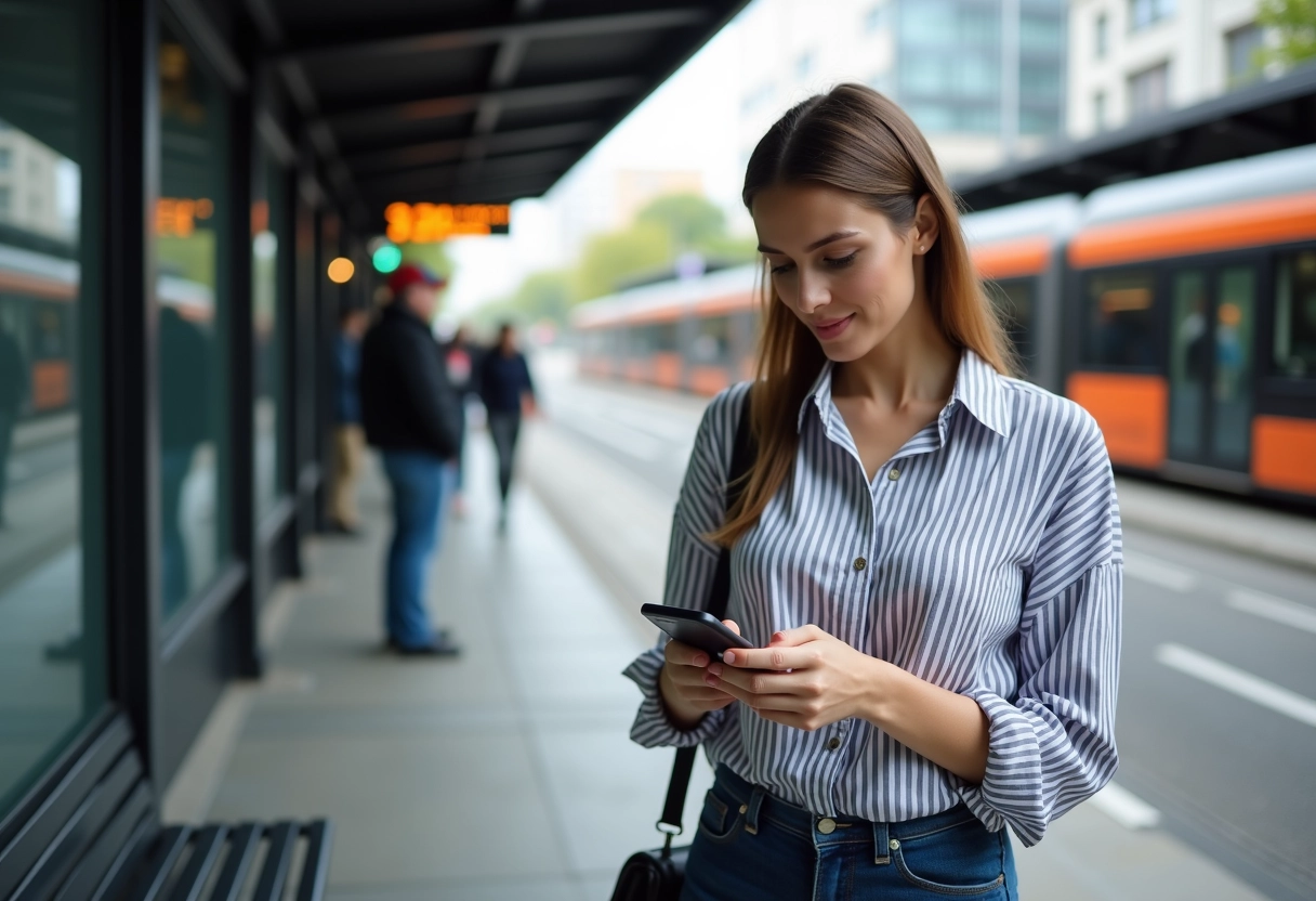 Femme dans la ville utilisant une application client sur son téléphone