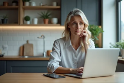 Femme d'âge moyen travaillant à la maison dans une cuisine moderne