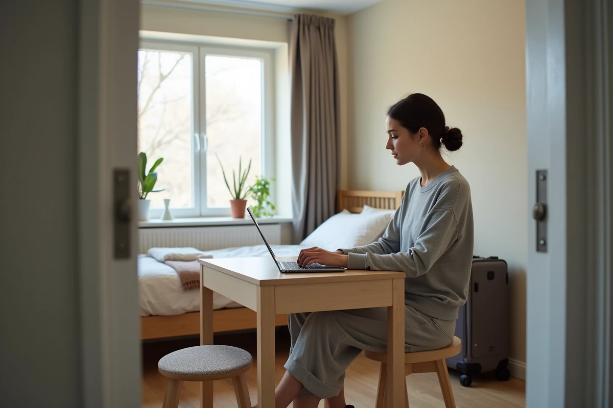 Femme travaillant sur un ordinateur dans un studio minimaliste
