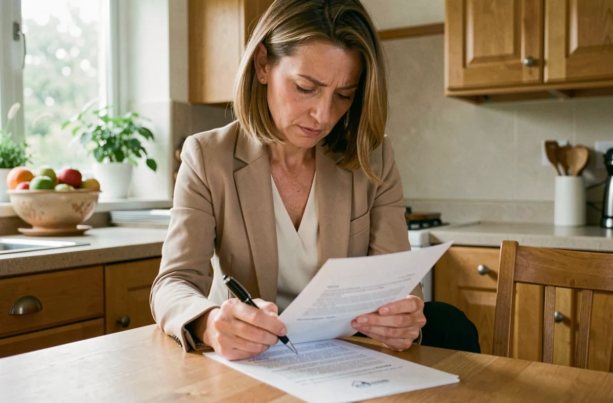 Femme vendeur relisant attentivement les clauses d'honoraires dans un contrat de mandat immobilier