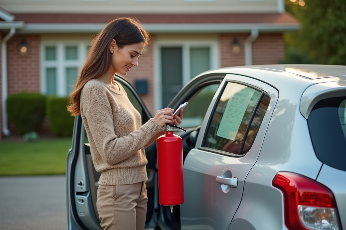 Jeune femme inspectant un extincteur devant sa voiture