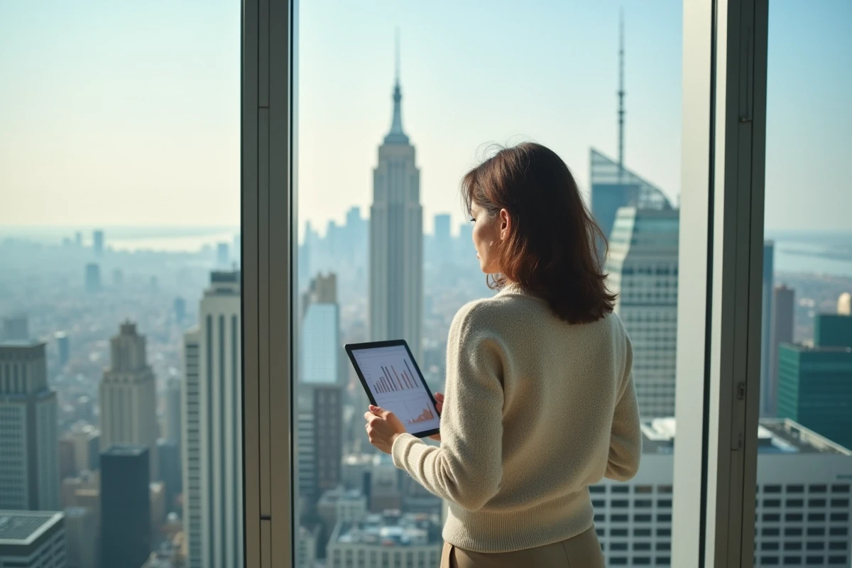 Femme regardant la skyline urbaine depuis une fenêtre de penthouse