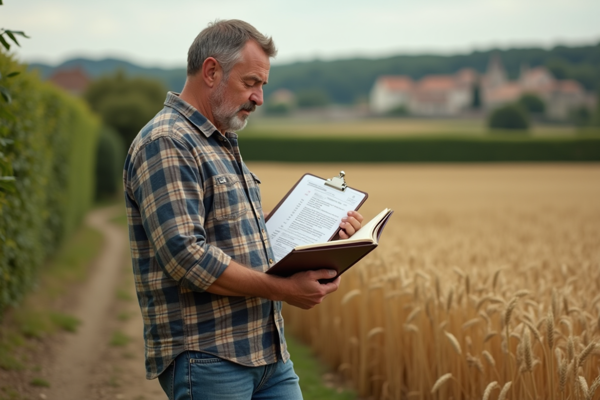 Ferme avec fermier examinant contrats agricoles dans un champ de blé