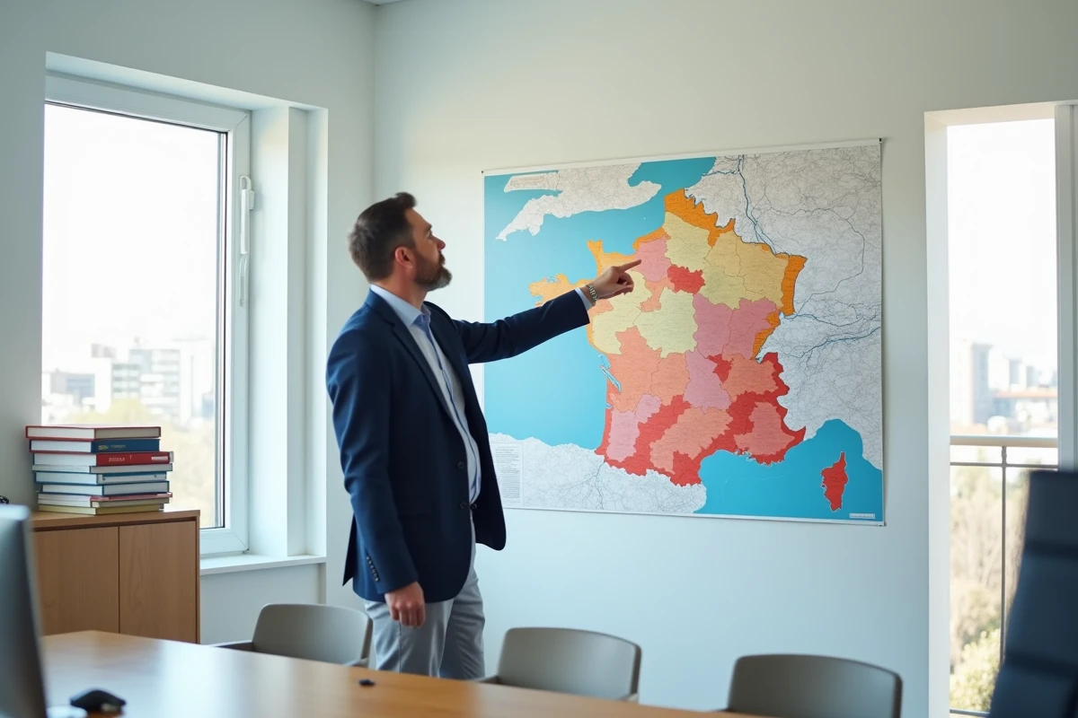Fonctionnaire présentant une carte des zones tendues en France dans un bureau administratif