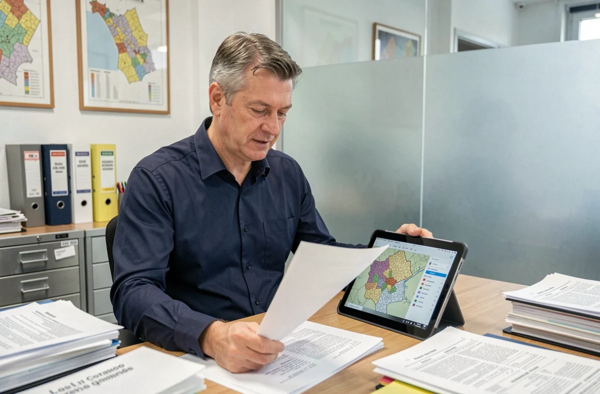 Fonctionnaire urbaniste consultant un plan cadastral et des documents réglementaires liés à la loi ALUR dans un bureau administratif français