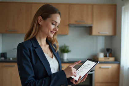 Gestionnaire immobilière utilisant un logiciel état des lieux sur tablette dans un appartement meublé