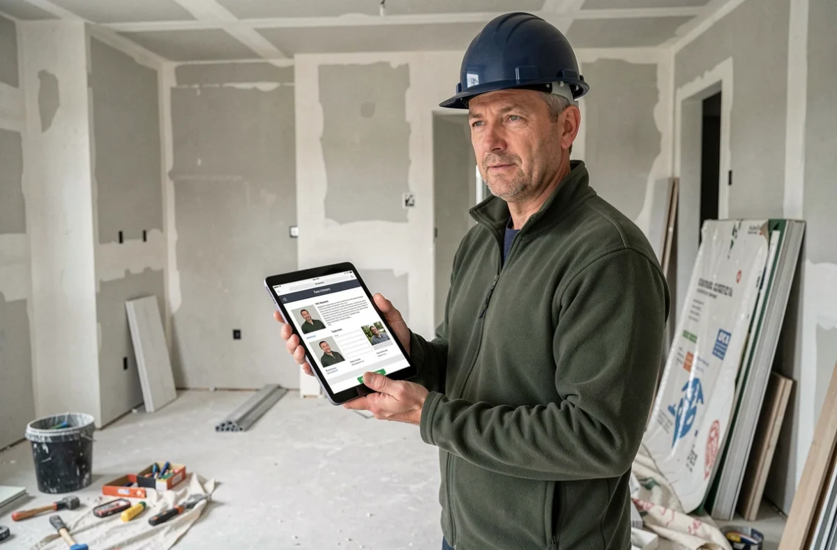 Gestionnaire immobilier consultant un rapport de sinistre sur tablette lors d'un suivi de travaux dans un appartement en rénovation