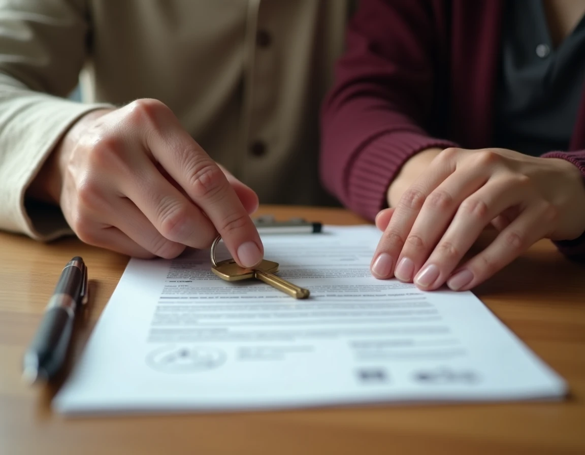 Gros plan sur une remise de clé accompagnée d'un document signé sur une table en bois