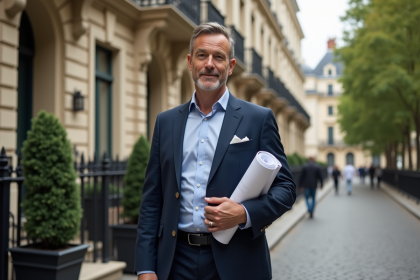 Homme en costume dans une rue parisienne historique
