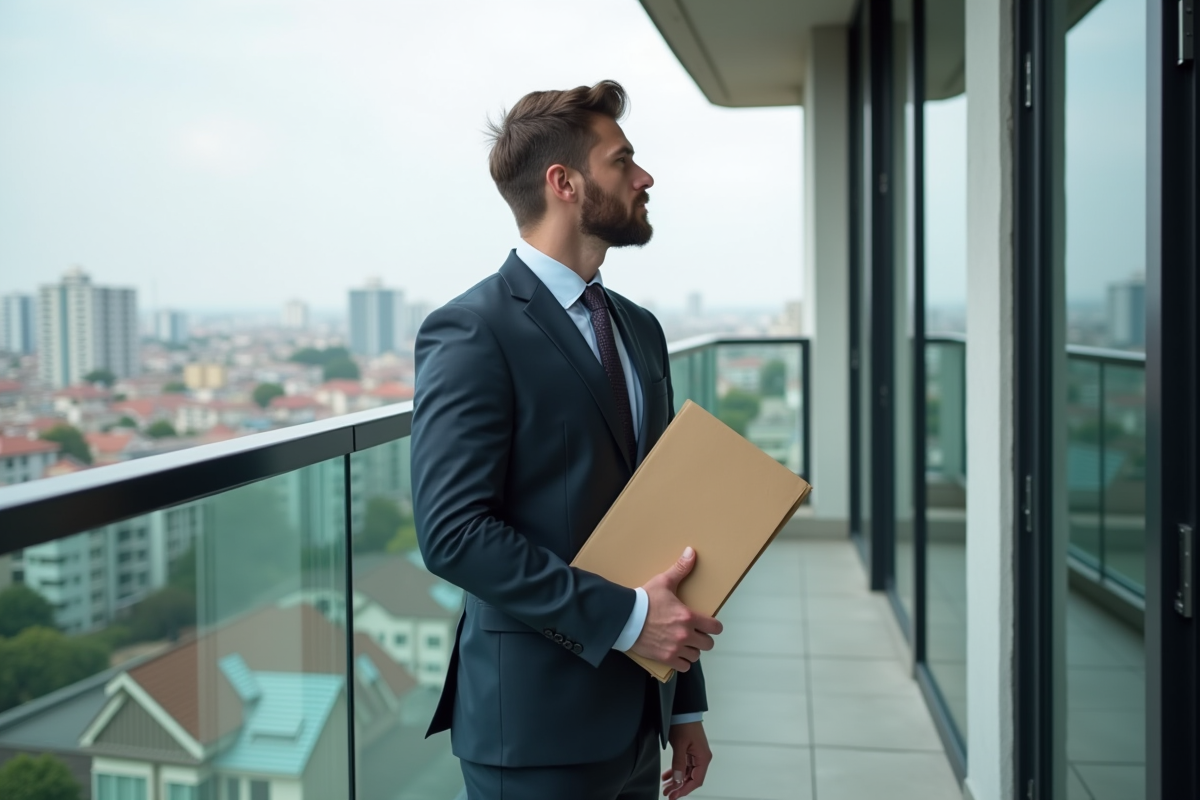 Jeune homme en costume regardant la ville depuis un balcon