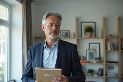 Homme d'âge moyen en blazer bleu près d'une fenêtre moderne