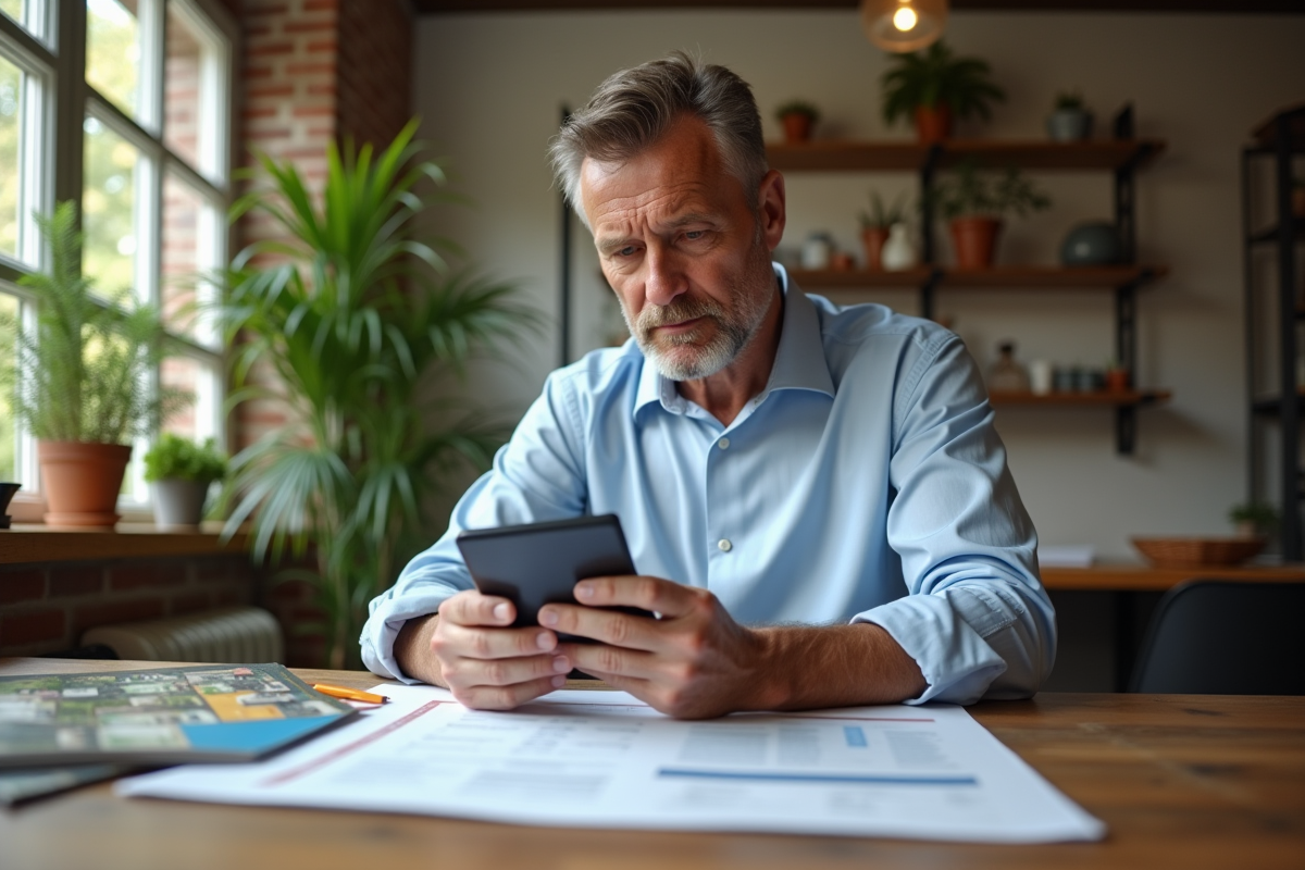 Homme calculant avec une calculatrice dans un intérieur lumineux