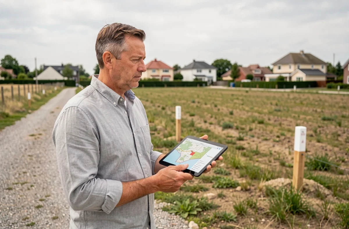 Homme consultant une carte cadastrale sur tablette lors d'une visite de terrain immobilier en zone pavillonnaire