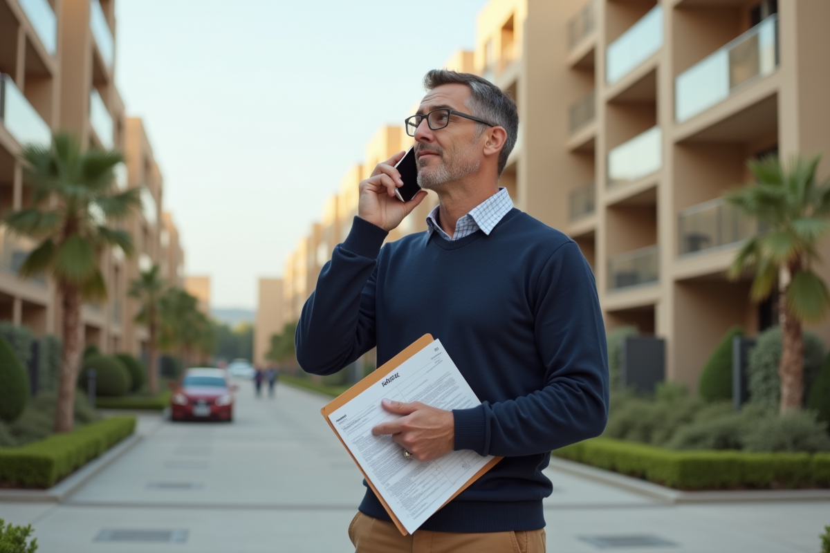 Homme discutant devant immeuble résidentiel avec dossier
