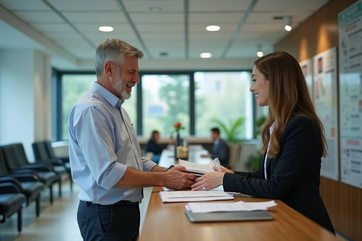 Homme remettant un dossier de logement à un accueil municipal