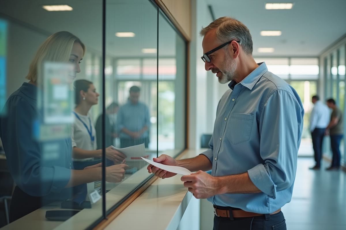 Homme remettant des documents dans un bureau administratif