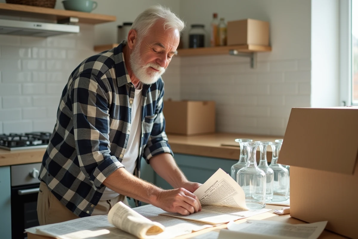 Homme emballant des verres dans la cuisine