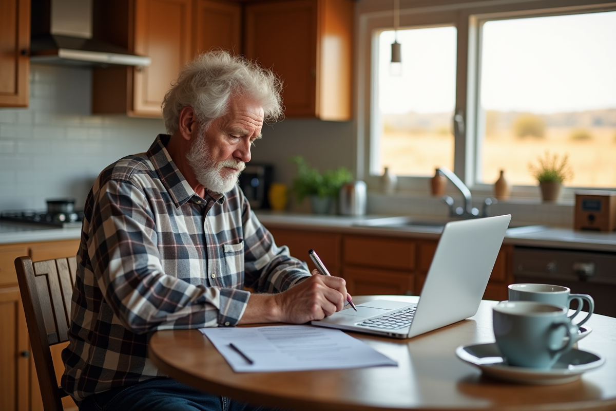 Homme âgé remplissant des formulaires dans une cuisine ensoleillée