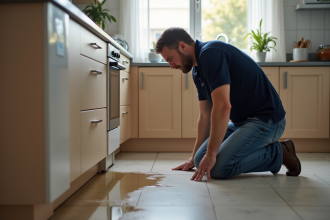 Homme d'âge moyen examine une fuite d'eau dans la cuisine