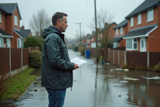 Homme d'âge moyen devant sa maison inondée tenant des documents