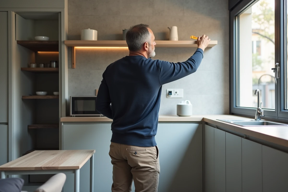 Homme installant des étagères dans une cuisine moderne