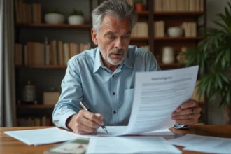 Homme d'âge moyen lisant des documents juridiques