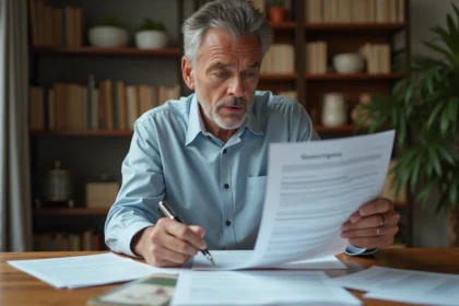 Homme d'âge moyen lisant des documents juridiques