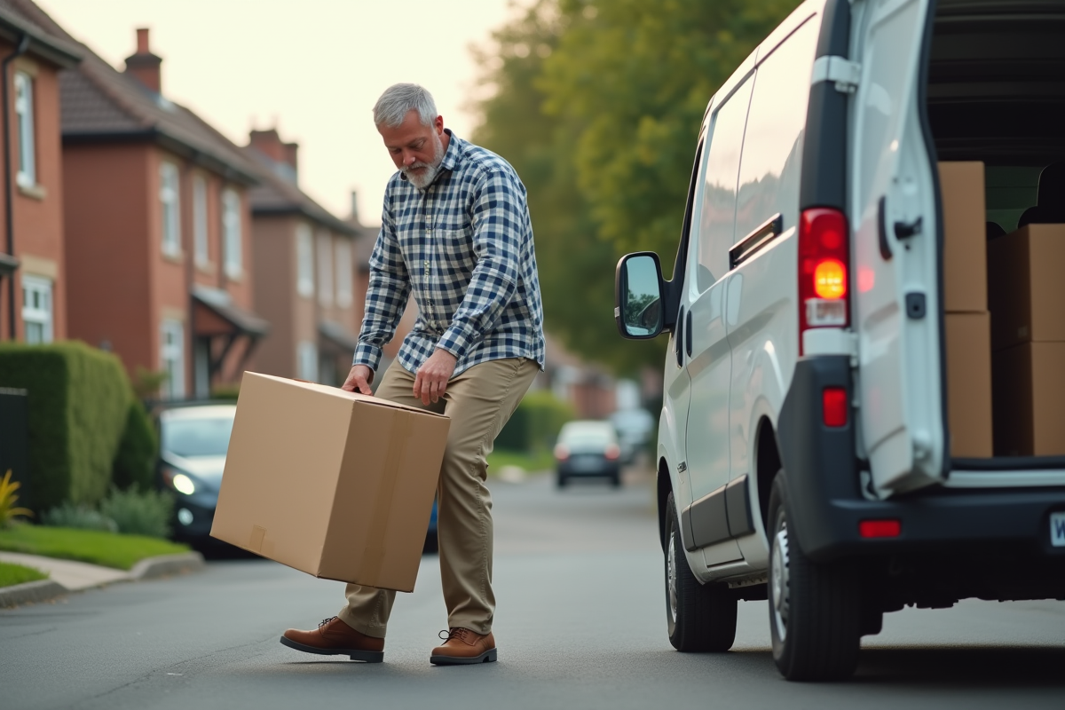 Homme d age moyen soulevant une boxe devant une voiture de quartier