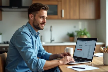 Homme en bleu travaillant sur un portail client à la maison