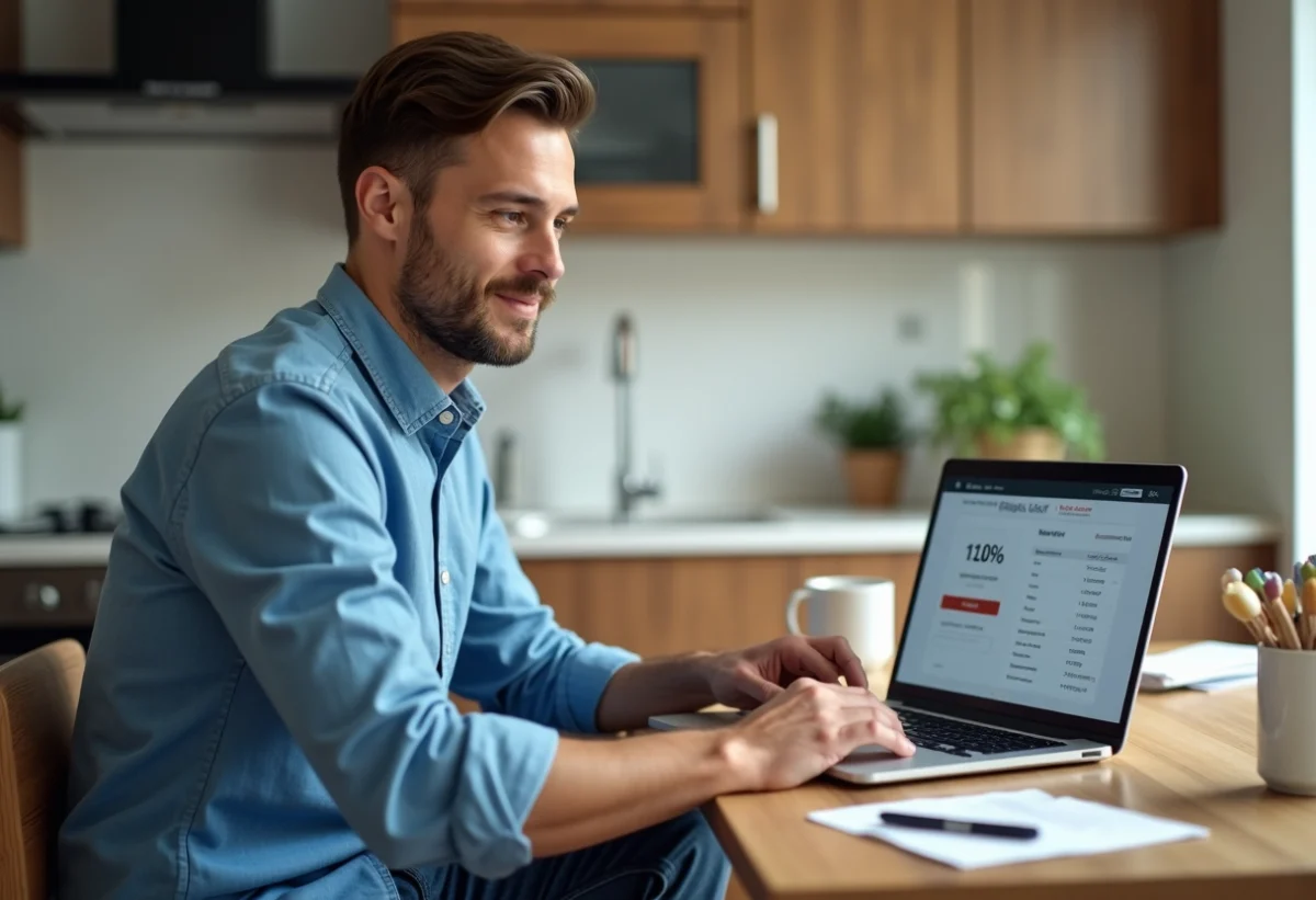 Homme en bleu travaillant sur un portail client à la maison