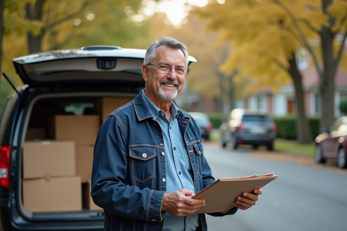 Homme montrant des documents de relocation devant sa voiture