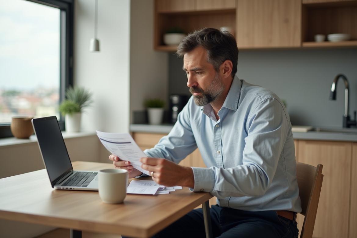 Homme d'âge moyen examine documents de location dans la cuisine