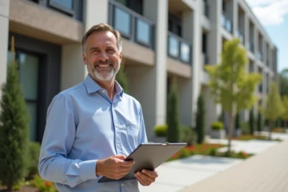 Homme d'affaires souriant devant une résidence moderne